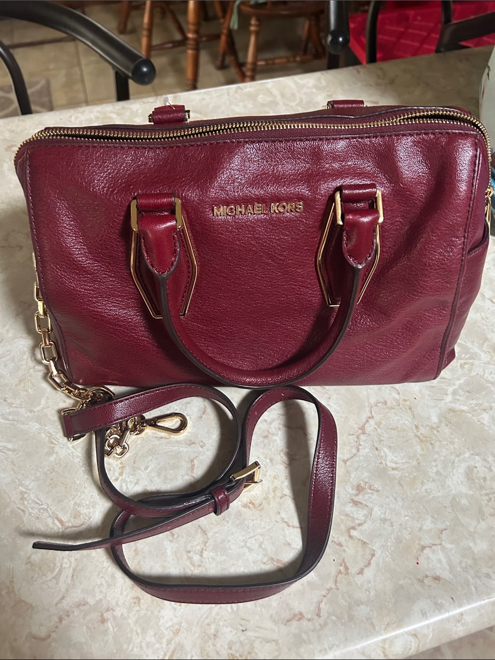 MICHAEL Michael Kors Burgundy Leather Satchel with Gold Hardware
